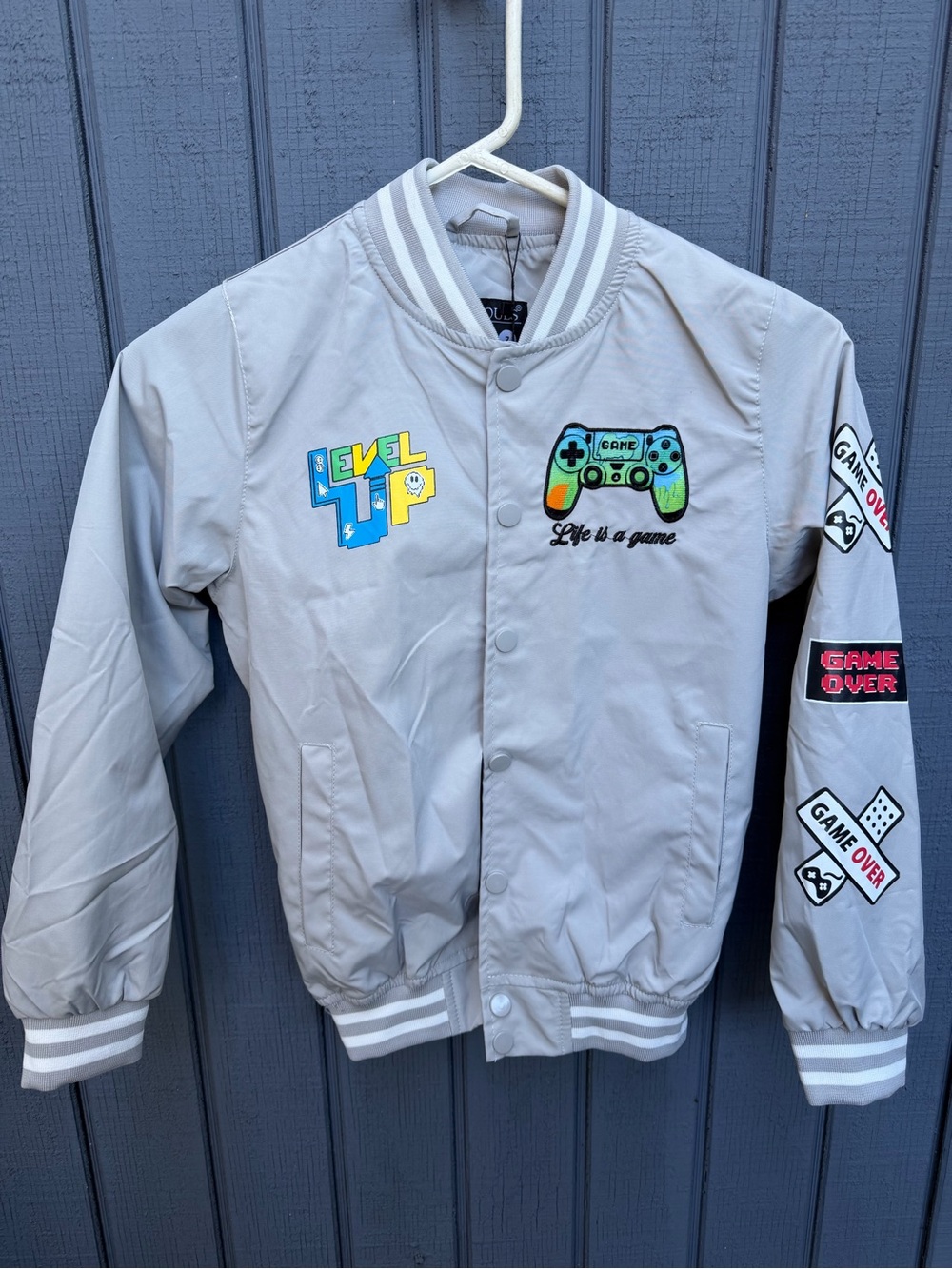 Kids' Light Gray 'Level Up' Game Controller windbreaker Jacket size 7